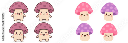Cute cartoon mushrooms with smiles and colorful caps in a playful arrangement featuring two different styles