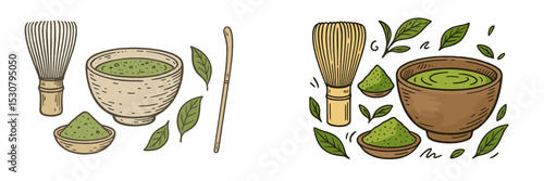 Whisking matcha tea in traditional and modern styles showcasing tea preparation tools and ingredients