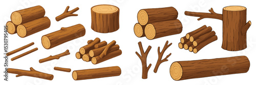 Wooden logs and branches arranged in various shapes and sizes on a white background during a creative illustration session