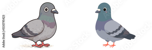 Charming cartoon depiction of two pigeons standing side by side in a playful urban setting