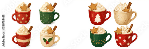 Festive holiday mugs featuring whipped cream, cookies, and cinnamon sticks in vibrant designs for cheerful winter gatherings