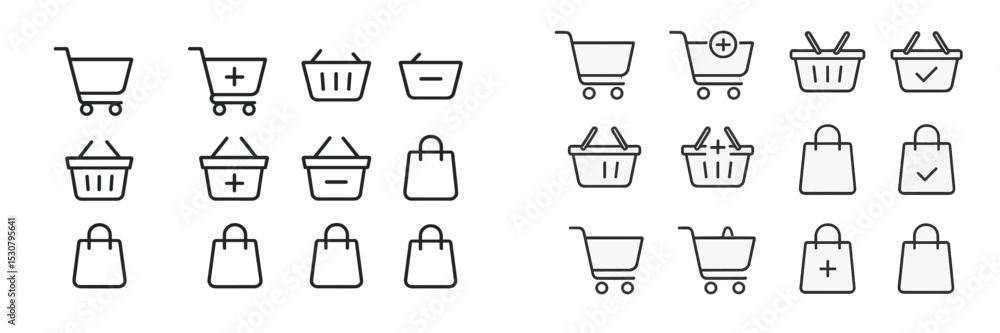 Simplistic line art depicting shopping carts, bags, and baskets for e-commerce applications and digital platforms Simplistic line art depicting shopping carts, bags, and baskets for e-commerce applications and digital platforms