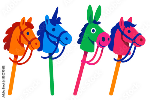 Colorful stick horse head toys displayed in bright colors for children at a fun event or party