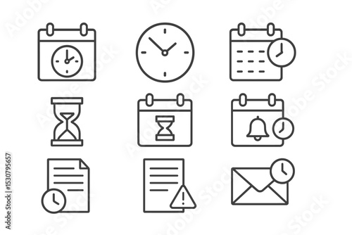 Icons representing time management concepts arranged in a grid with clocks, calendars, hourglasses, and reminders