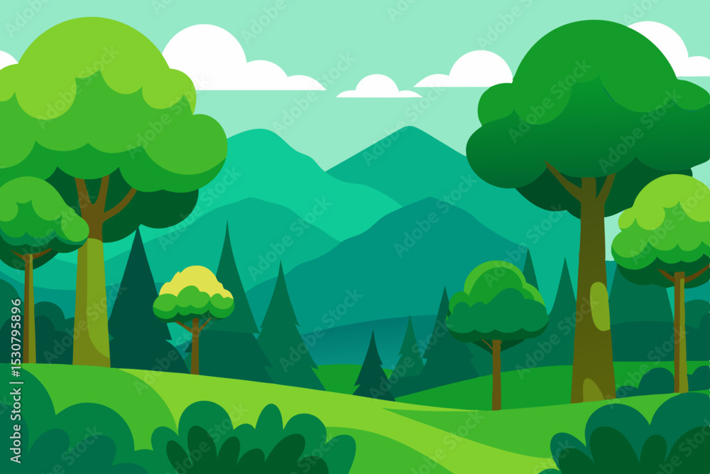 Obraz premium Vibrant Cartoon Forest Landscape Vector - Green Nature Background with Hills & Trees