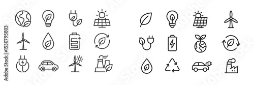 Icon set showcasing renewable energy concepts with symbols for wind, solar, and sustainable practices