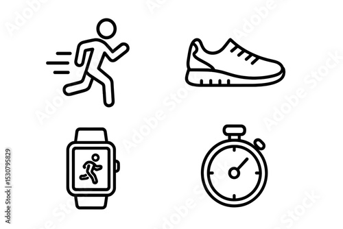 Fitness activities displayed with icons of running, shoes, smartwatch, and stopwatch