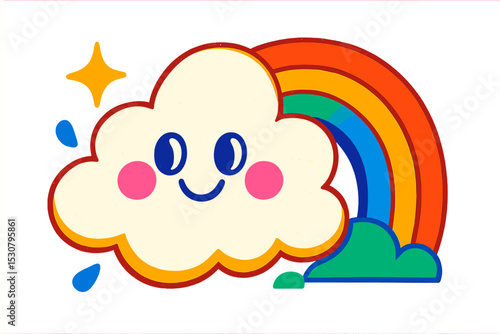 Colorful smiling cloud with a cheerful rainbow and sparkling stars in a bright, playful design