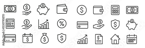 Icons representing financial concepts including money, savings, expenses, budgeting, and investment strategies for personal finance management