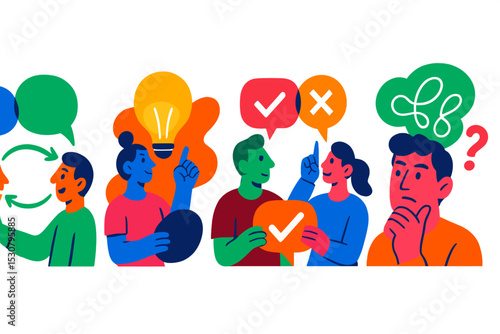 Group brainstorming session promotes creativity and collaboration among diverse individuals in vibrant colors