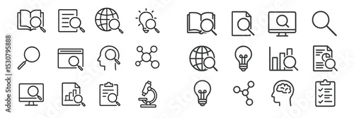 Searching for information through various icons representing knowledge, research, and discovery in a creative layout