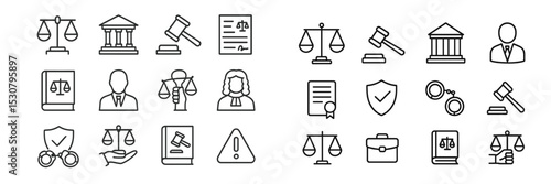 Legal symbols and icons represent justice system elements in a modern graphic layout