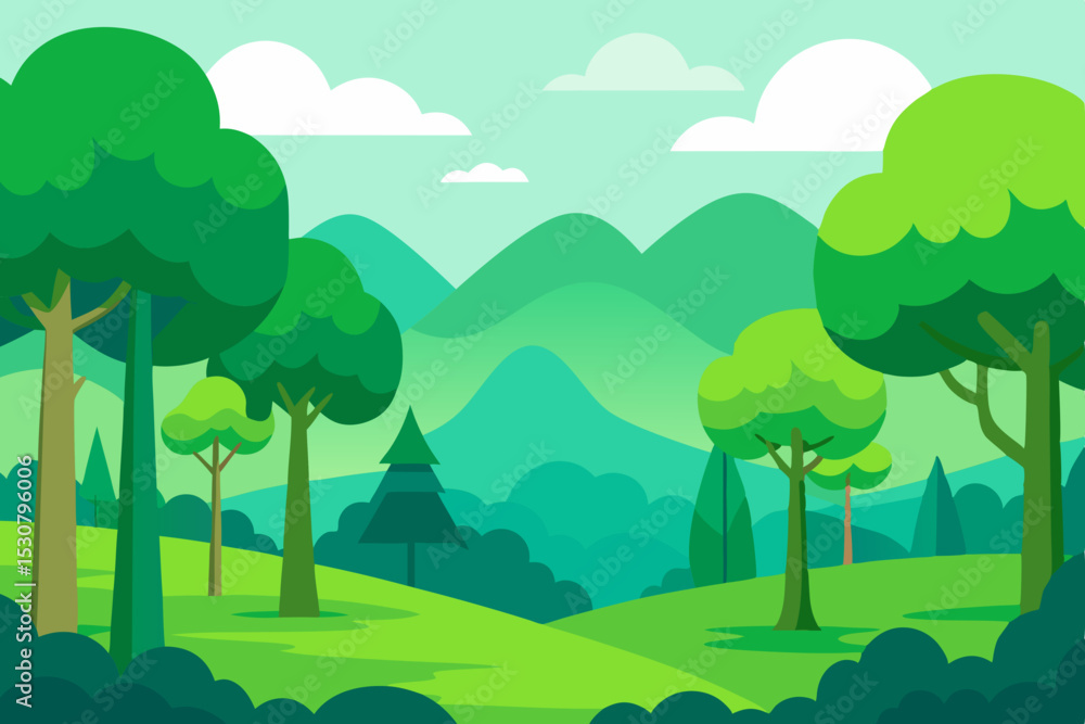 Obraz premium Vibrant Cartoon Forest Landscape Vector - Green Nature Background with Hills & Trees