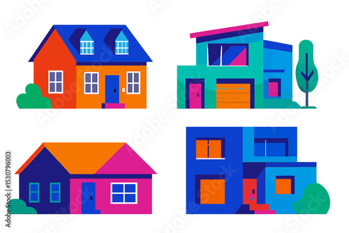 Colorful modern houses in a vibrant design showcasing a unique urban style in a playful illustration