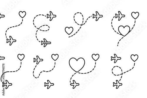 Creative illustration of hearts and airplanes, symbolizing love and travel in a playful design