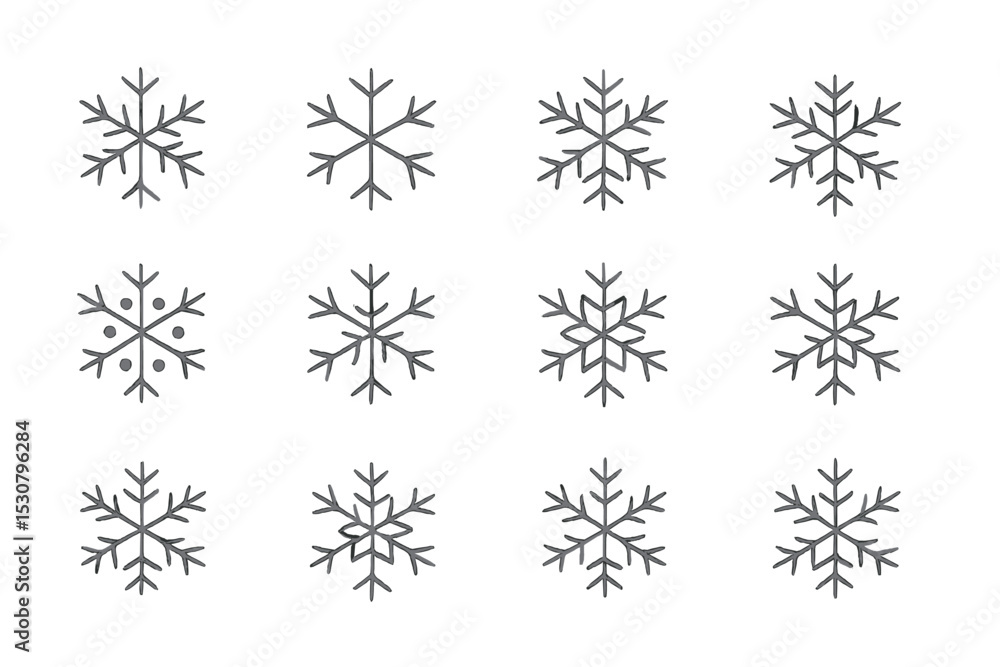 Fototapeta premium Different snowflake designs arranged in a grid pattern showcasing unique shapes and patterns