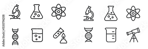 Science symbols and icons representing various fields of study, arranged in a neat layout for educational purposes