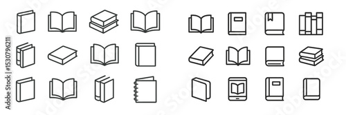 Collection of simple line art depicting various types of books and notebooks in different orientations and styles