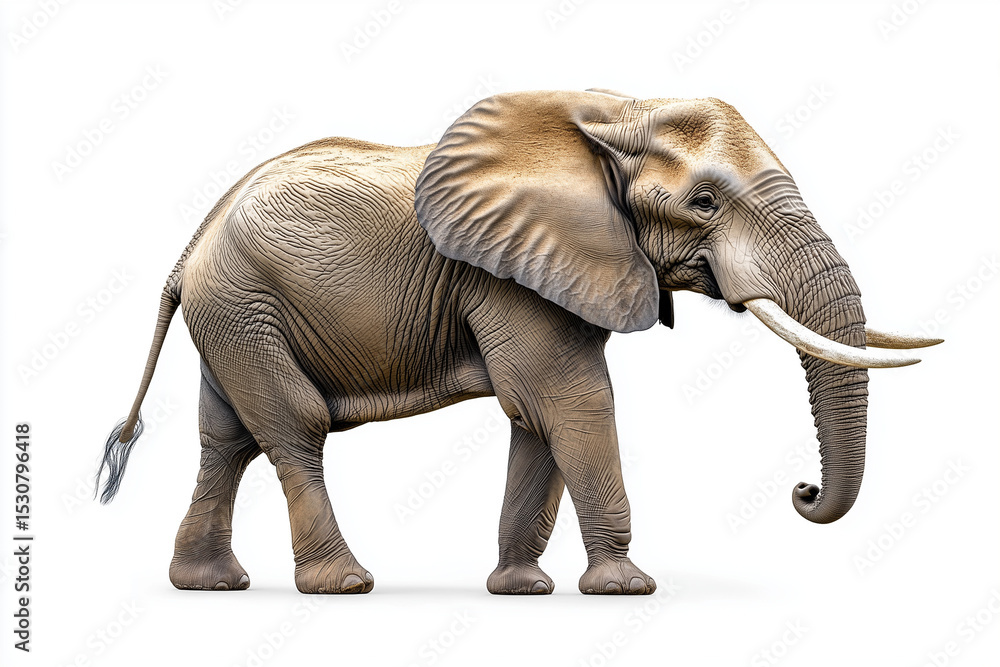 Obraz premium Majestic African Elephant Detailed Portrait with Ivory Tusks on a White Background