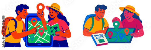 Travelers exploring a digital map and guidebook in a sunny outdoor setting during their journey