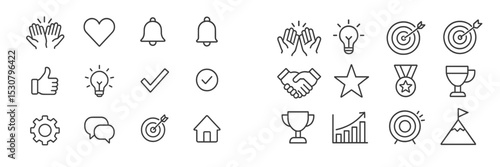 Collection of various simple line icons representing emotions, actions, and achievements in a minimalist style