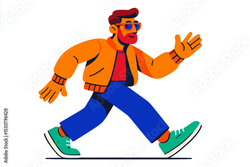 Colorful illustration of a young man walking confidently in a vibrant outfit with a playful attitude