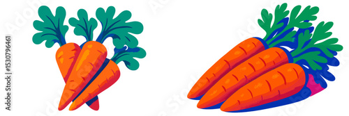 Bright orange carrots with green tops displayed in a vibrant style on a clean background