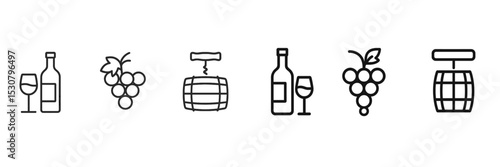 Wine production symbols representing various stages from grapes to bottles displayed in a minimalist style