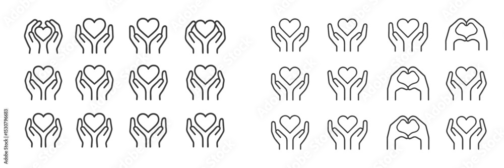 Fototapeta premium Various heart and hand illustrations depicting love and care in simple line art design
