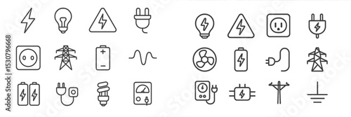 Electrical symbols and icons representing energy sources, power management, and safety measures in a grid layout