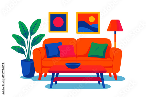Bright and colorful living room design featuring modern furniture and vibrant decor
