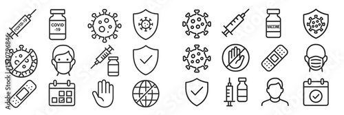 Various icons illustrating COVID-19 vaccination, safety measures, and health awareness symbolizing public health efforts