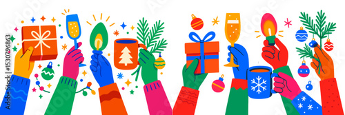 Festive celebration with hands raised holding gifts, drinks, and decorations during holiday season