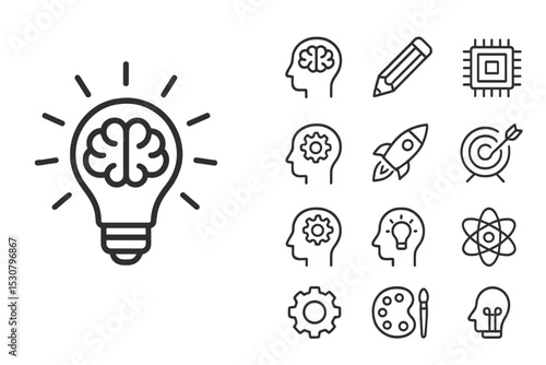 Creativity and innovation symbols with light bulb and brain illustration representing ideas and thoughts for brainstorming sessions
