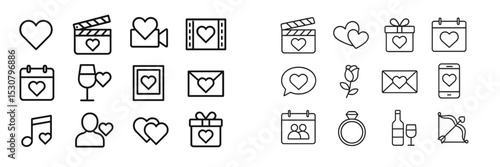 Collection of decorative icons representing love and romance in various formats and activities for creative use
