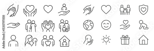 Collection of diverse line icons representing love, care, and community in various scenarios including family and support activities