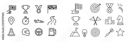 Motorsport symbols featuring flags, trophies, and racing elements in a cohesive design layout