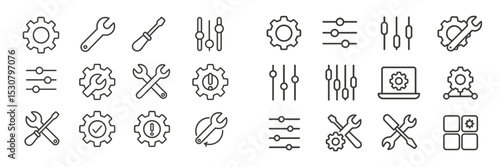 Set of minimalist tool icons representing maintenance and settings for technical applications