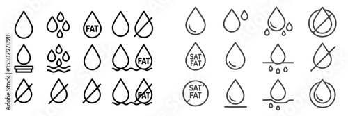 A collection of minimalist icons showcasing droplets representing oil and fat in various forms