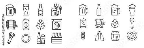 Collection of beer-related icons featuring various bottles, glasses, and brewing ingredients for craft beer enthusiasts