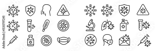 Collection of coronavirus prevention and health icons showing safety measures and medical tools