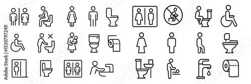 Various restroom and accessibility symbols depicted in a clear and simplified design for public facilities