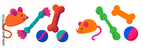 Colorful collection of pet toys including mice, bones, and balls displayed on a white background for playful pet enjoyment