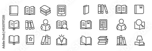 Collection of reading and education related icons featuring books, e-readers, and students in various activities
