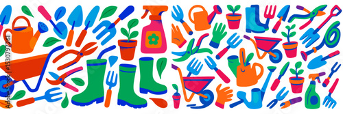 Colorful gardening tools and plants arranged in an artistic display showcasing outdoor activity and creativity