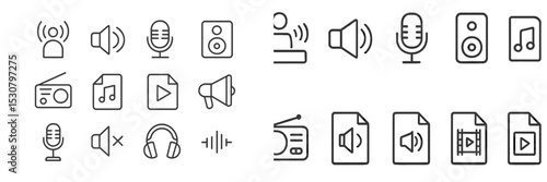 Collection of audio-related icons showcasing various sound and music symbols arranged in a grid format