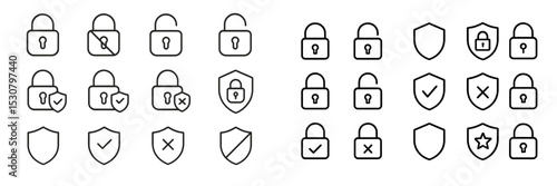 Various lock icons and shield symbols designed for security themes in a minimalistic style showcasing different states of security