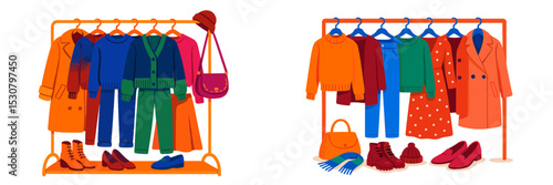 Colorful clothing rack showcases diverse autumn fashion in a vibrant retail display