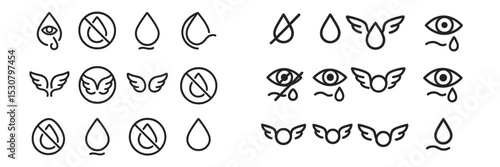 Unique collection of simple line illustrations showcasing various shapes and symbols involving eyes, tears, and wings