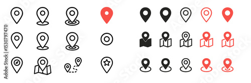 Collection of pin icons representing locations and maps for use in digital navigation and geolocation tools